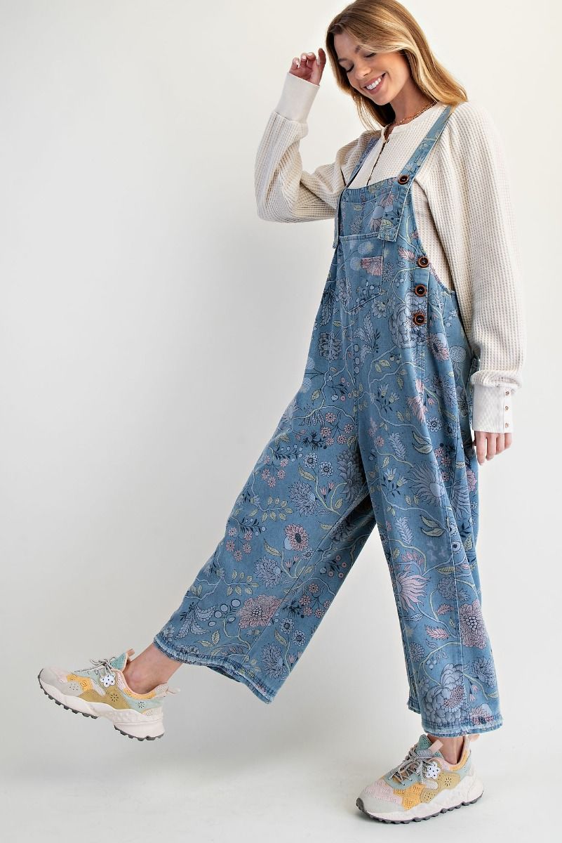 Easel Washed Denim Overalls with Vintage Print