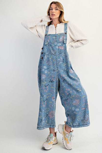 Easel Washed Denim Overalls with Vintage Print