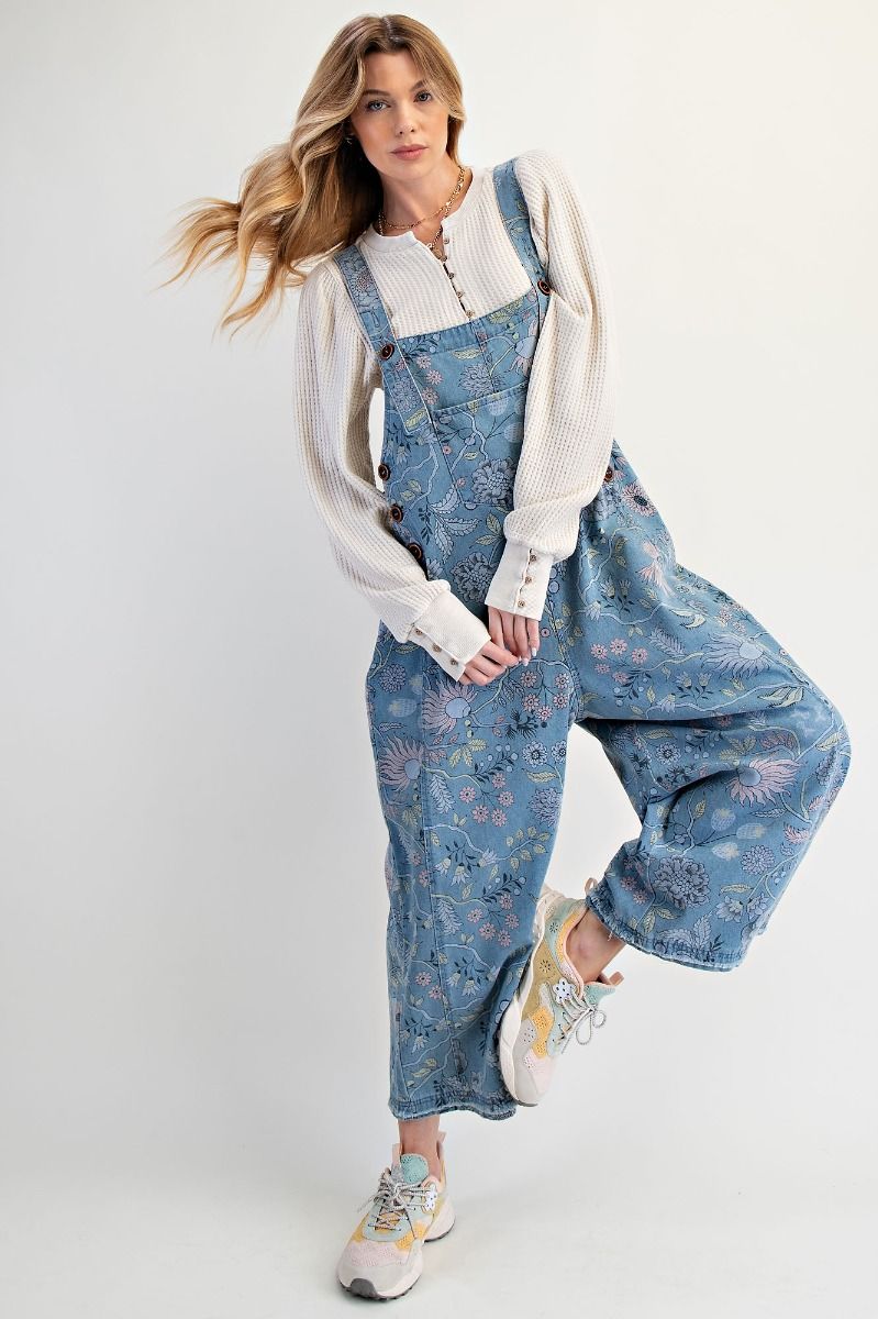 Easel Washed Denim Overalls with Vintage Print