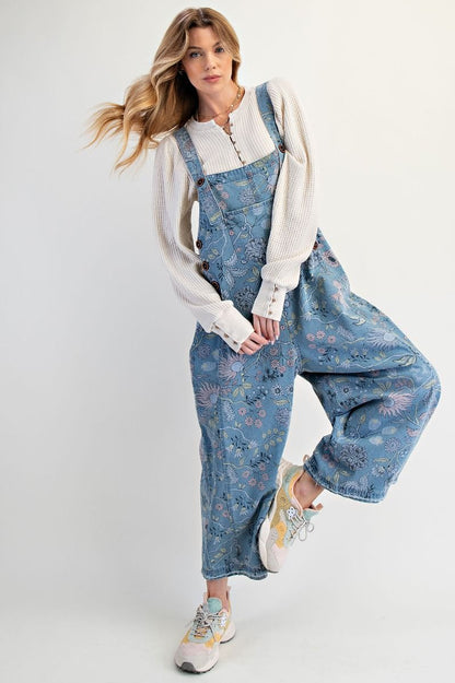 Easel Washed Denim Overalls with Vintage Print